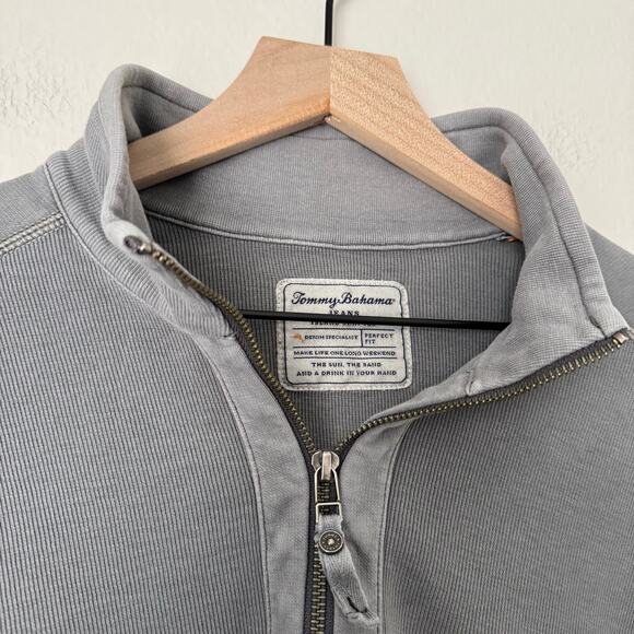 Vintage Tommy Bahama Mens Gray Rib Quarter Zip Sweater 100% Cotton Size Medium - Picture 2 of 11